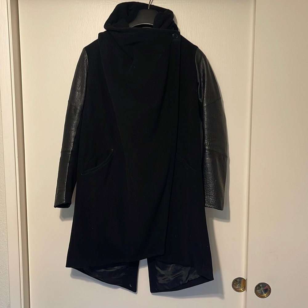 Wool and leather hooded coat